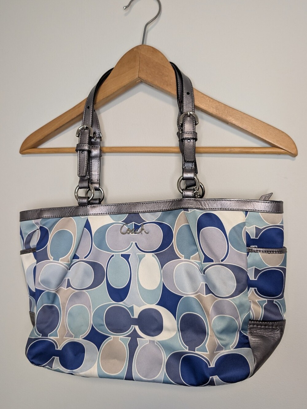 Coach Blue Signature Print Tote with Metallic Trim